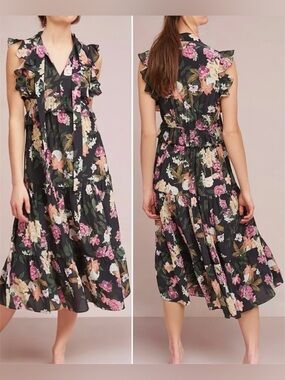 Anthropologie Kachel Cilla Ruffled Floral Print Silk Midi Dress Black Size 12